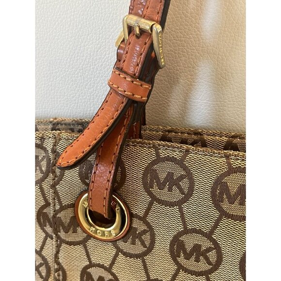 Michael Kors Brown MK Monogram Canvas Shoulder Tote Bag Purse - Picture 8 of 11